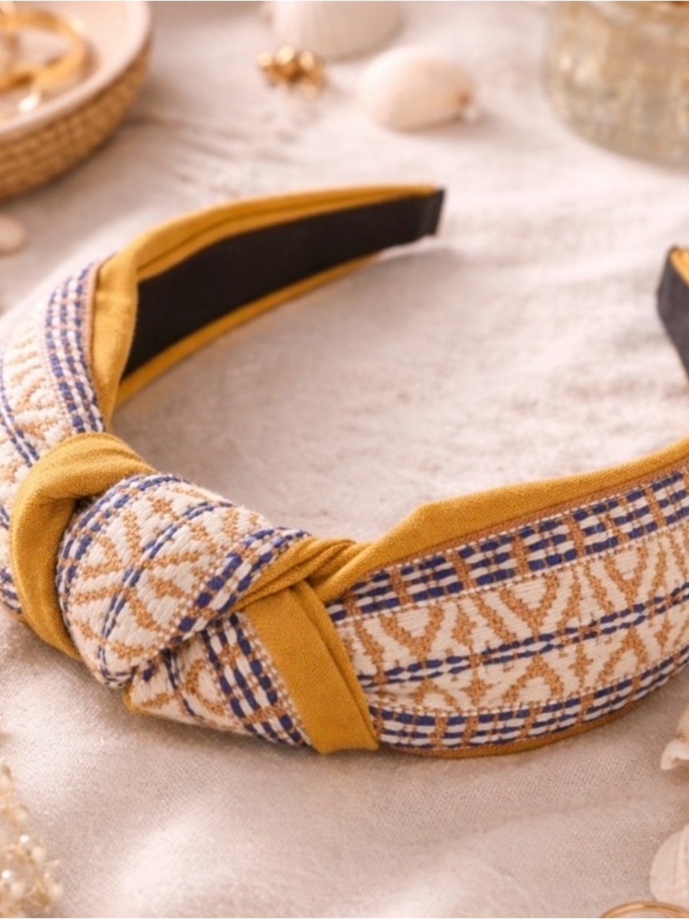 Anthropologie Mustard and Navy Plaid Knot Headband